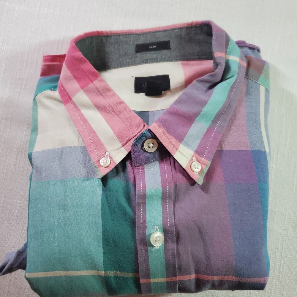 J. Crew Mens XL Plaid Long Sleeve Button Up Shirt Blue Pink Cotton Casual Top